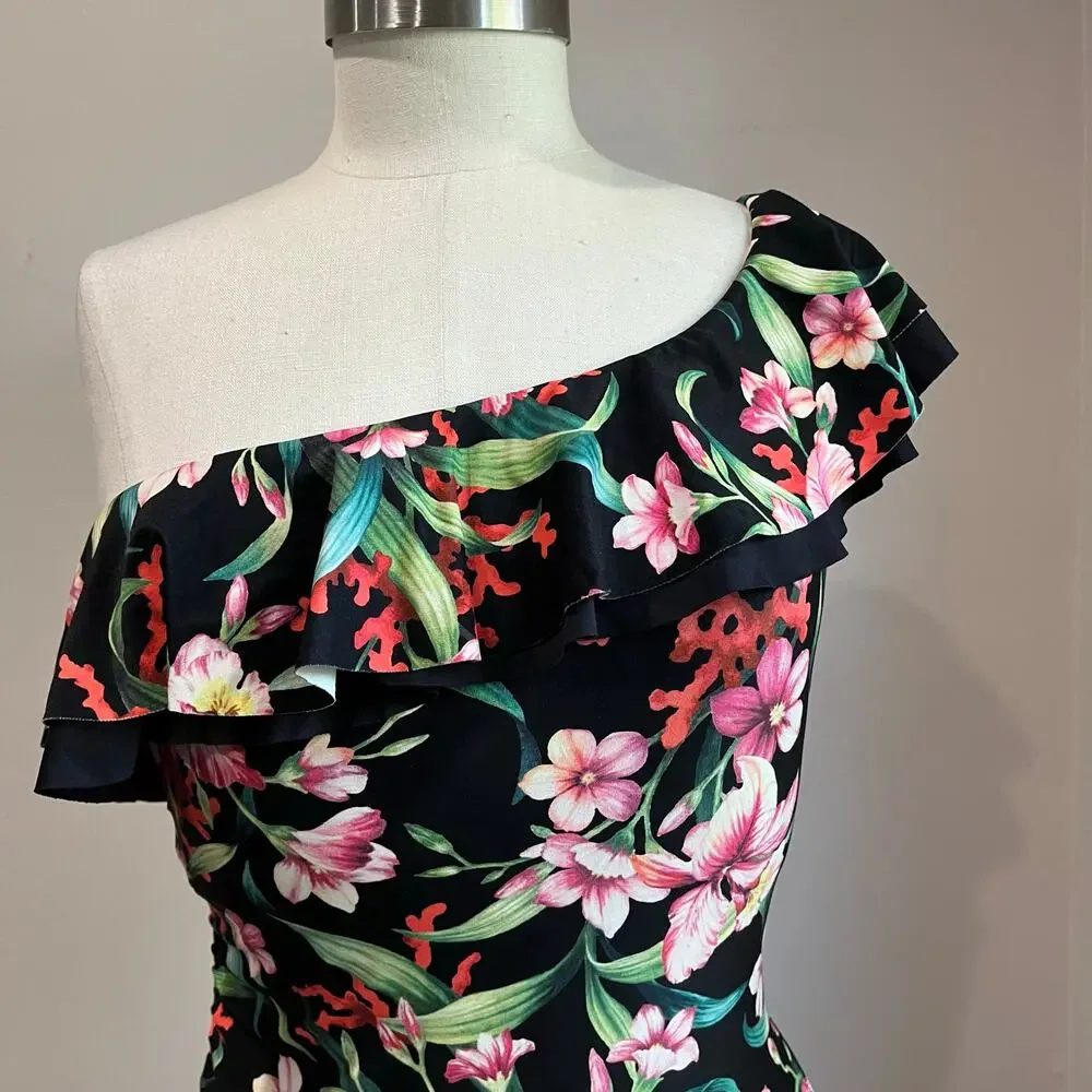 Carmen Marc Valvo One Shoulder Ruffle‎ Swimsuit 12 Floral One Piece Chic